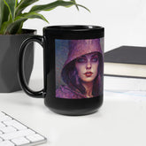 Close-up of Celestial Glow Beyond Style Black Glossy Mug handle and pattern.
